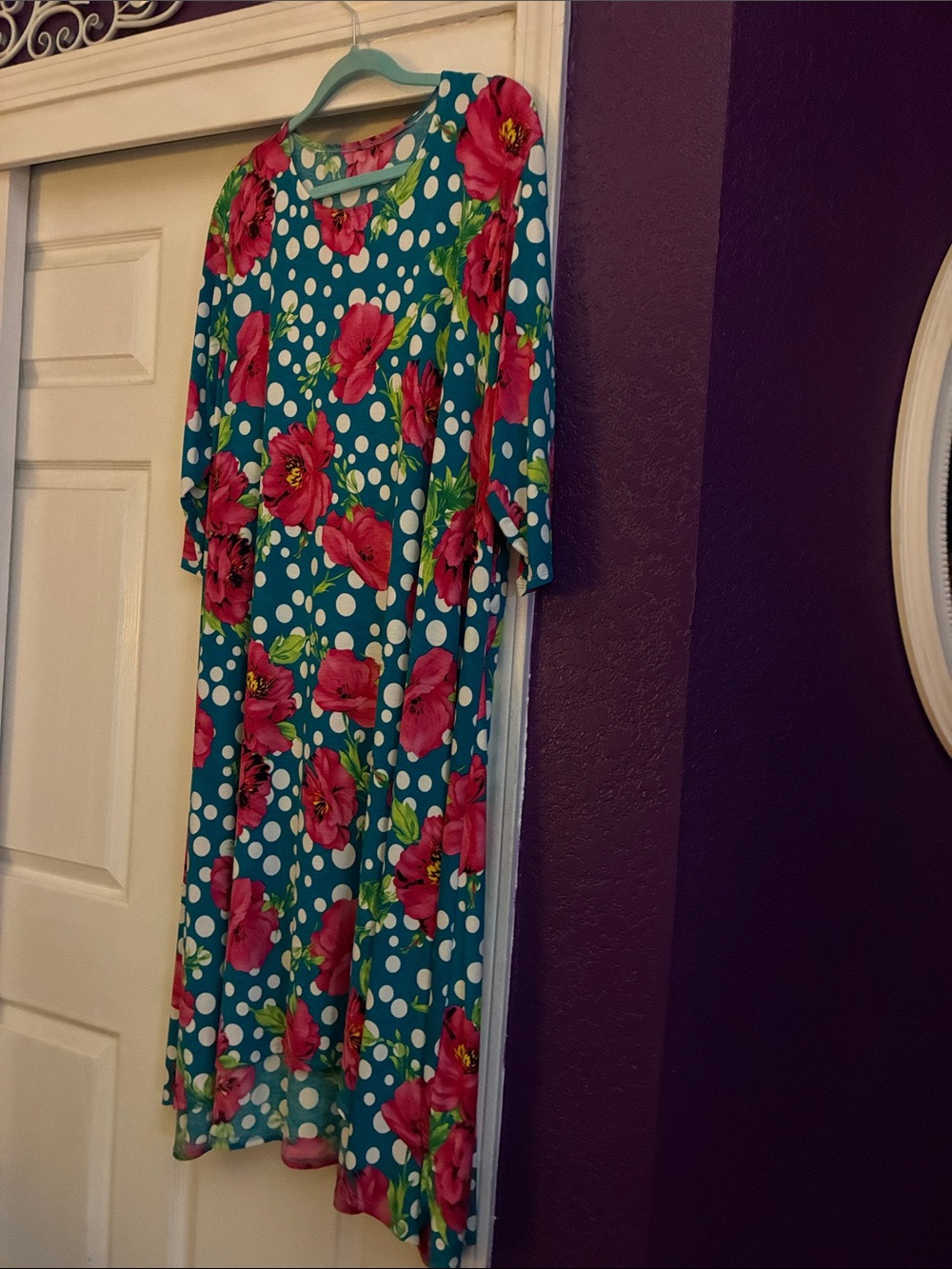 Teal Maxi Dress with Pink Floral Print and White Polka Dots